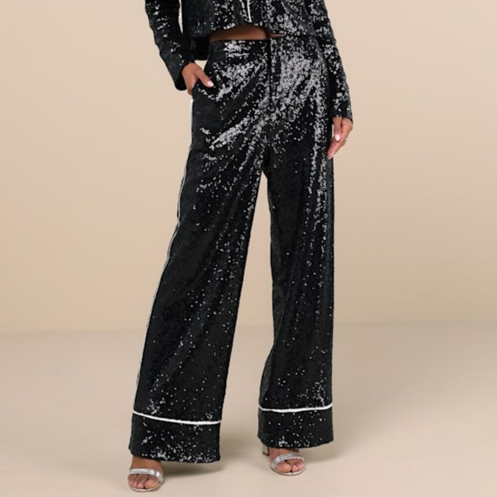 Lulus Sparkly Mood Black Sequin High Rise Wide-leg Pants - Size S